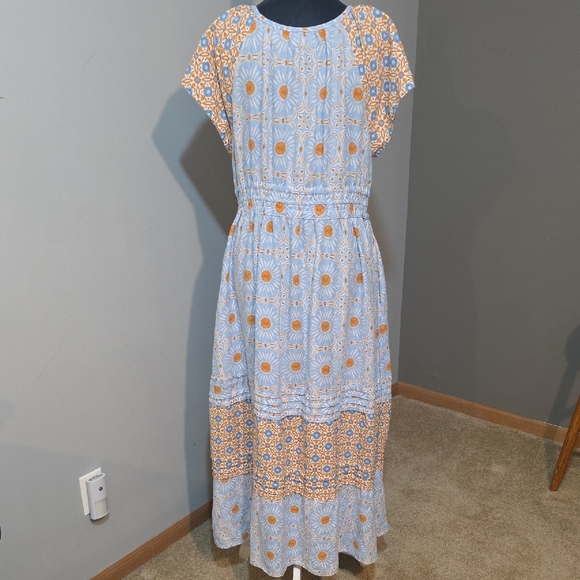 Rachel Zoe Multi Linen Tile Print Light Blue and Orange Pattern Maxi Dress Sz L - Picture 3 of 8